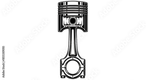 A detailed vector illustration showcases a chrome piston and connecting rod, a key component of an internal combustion engine, meticulously designed for technical and mechanical projects.