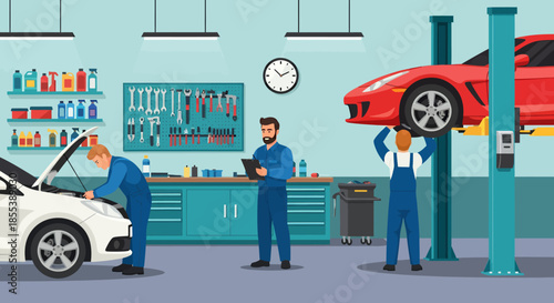 Professional mechanics are diligently working on various vehicles in a modern auto repair garage, performing engine diagnostics and maintenance tasks in a vibrant vector illustration.