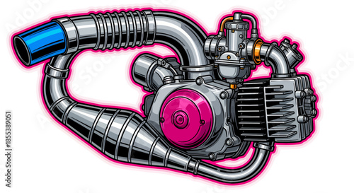 A detailed vector illustration showcases a stylized engine, featuring metallic components and vibrant pink and blue accents, perfect for design and technical projects.