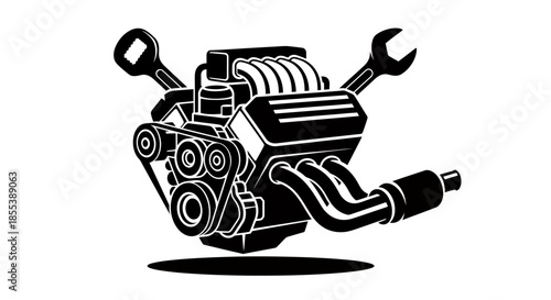 Detailed vector illustration showcases a powerful car engine with prominent exhaust manifolds and wrenches, symbolizing automotive repair and engineering.
