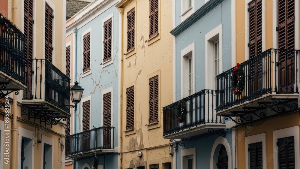 Fototapeta premium Picturesque narrow street featuring traditional pastel colored buildings with closed wooden shutters historic European urban scene