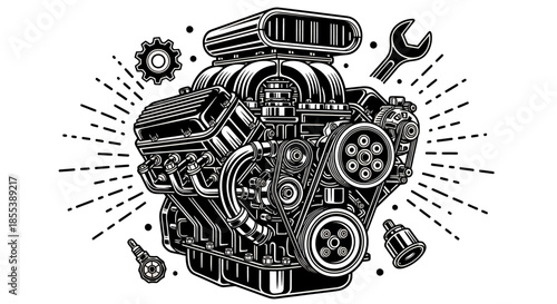 A detailed monochrome vector illustration showcasing a powerful classic V8 car engine surrounded by essential mechanic tools, perfect for automotive design projects.