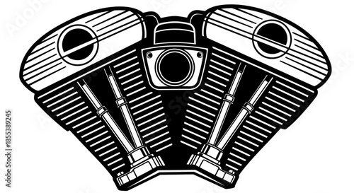 A detailed black and white vector illustration showcases a classic V-twin motorcycle engine design, perfect for automotive and mechanic themes.
