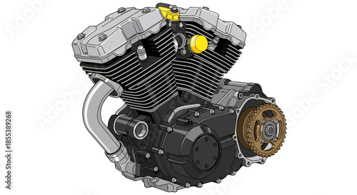 A detailed vector illustration showcases a powerful motorcycle engine, highlighting its intricate components and mechanical design against a clean white backdrop, emphasizing engineering and