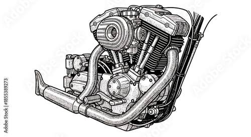 Detailed vector illustration showcases a powerful motorcycle engine with its intricate components and exhaust system, isolated on a clean white background.