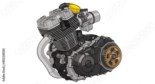 A detailed vector illustration of a motorcycle engine, showcasing internal components and mechanical parts, isolated on a clean white background, perfect for technical diagrams.