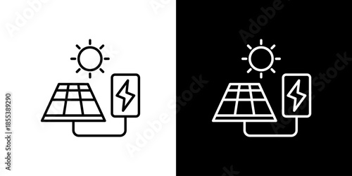 Renewable solar energy system icon depicting sunlight absorbed by a solar panel connected to a battery charger for sustainable electricity generation