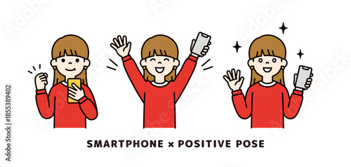スマートフォンを持つ若い女性の上半身ベクターイラスト素材＿ポジティブなポーズセット＿カラー