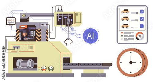AI-powered machinery analyzing cars using conveyor system, robotic claw, and data interface. Ideal for automation, AI, robotics, manufacturing, quality control technology industry. Simple flat