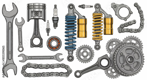 A detailed vector illustration showcasing various motorcycle and automotive engine components and repair tools, perfect for mechanical engineering concepts.