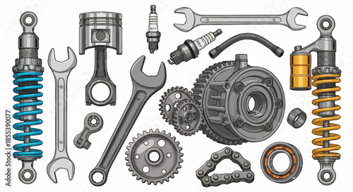 Detailed vector illustration showcasing various engine components, including suspension, gears, and wrenches, ideal for automotive or mechanical engineering designs and projects.