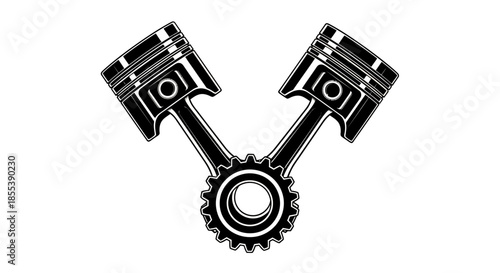 A detailed vector illustration showcases a stylized V-twin engine design, featuring pistons and a gear, perfect for automotive or mechanical projects, rendered in a classic black and white style.