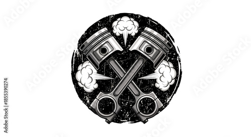 A stylized vector illustration features two crossed pistons with smoke, encased in a distressed circular emblem, perfect for automotive and mechanic branding.