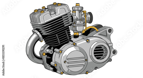 A meticulously detailed vector illustration of a classic motorcycle engine, showcasing its intricate mechanical components, isolated on a clean white background.