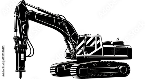 A detailed black and white vector illustration showcasing a heavy-duty excavator with a jackhammer attachment, designed for construction and demolition work on a white background.