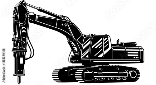 A detailed vector illustration showcases a heavy-duty hydraulic excavator, ideal for construction and demolition projects, emphasizing its powerful engine and robust design in a monochrome style.
