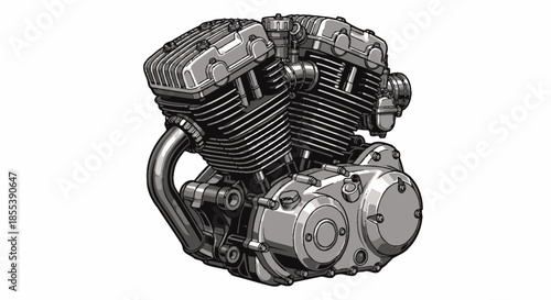 A detailed vector illustration showcases a powerful motorcycle engine, highlighting its intricate mechanical components with a focus on design and engineering for transportation and automotive