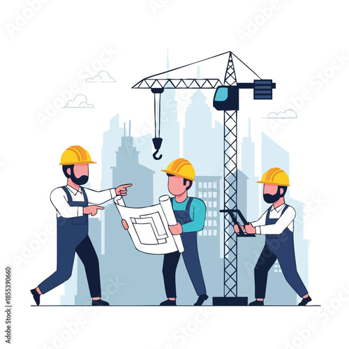 Construction workers planning project with crane.