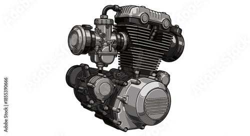 Detailed vector illustration of a motorcycle engine, showcasing its intricate components and design, isolated on a clean white background for technical diagrams.