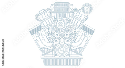 Detailed vector illustration showcasing the internal components of a powerful engine, rendered with precise lines and a clean, technical aesthetic on a white background.