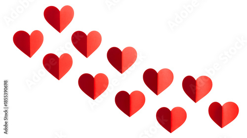 Red hearts in diagonal arrangement with 3D effect in bright red color on white background for valentines day