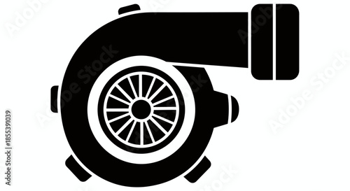 A sleek black vector silhouette of a turbocharger represents high-performance automotive engineering and vehicle power enhancement.
