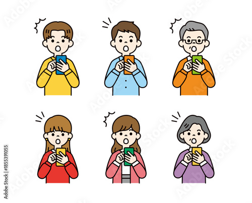 驚いた表情でスマートフォンを見る、様々な年齢の人物のベクターイラスト素材セット＿カラー