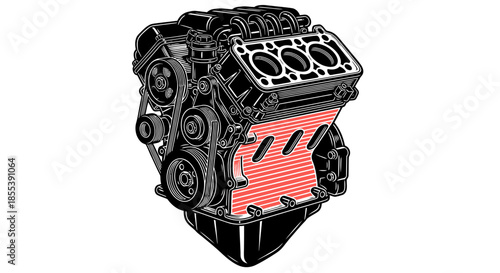 A detailed vector illustration showcases a powerful internal combustion engine, highlighting its components and design, perfect for educational or automotive-themed projects.