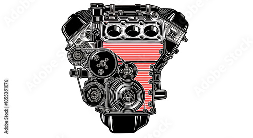 Detailed vector illustration showcasing the inner workings and components of a powerful internal combustion engine, ideal for educational or technical diagrams.