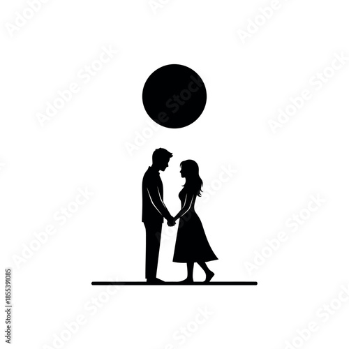 Couple Holding Hands Under A Full Moon Silhouette.