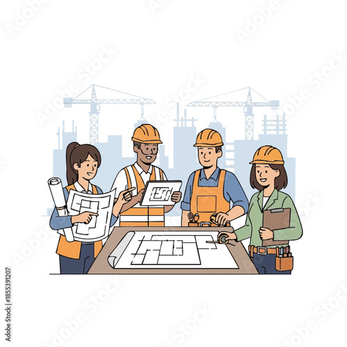 Construction Team Reviewing Blueprints at Site.