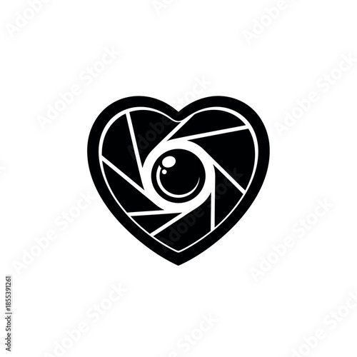 Heartshaped camera aperture logo design.