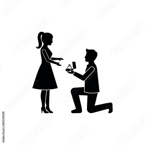 Man proposing to woman silhouette on white background.
