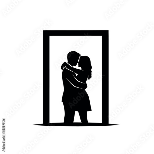 Silhouette of a couple embracing in a doorway.