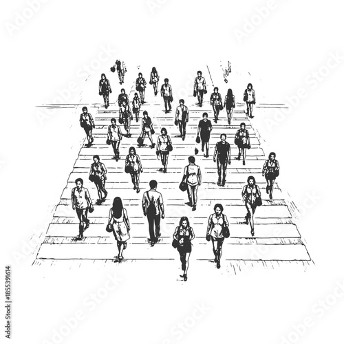 Busy Urban Crowd Walking Across Street, Commuter and City Life Concept, Detailed Hand Drawn Sketch Black and White Line Art Vector Illustration.