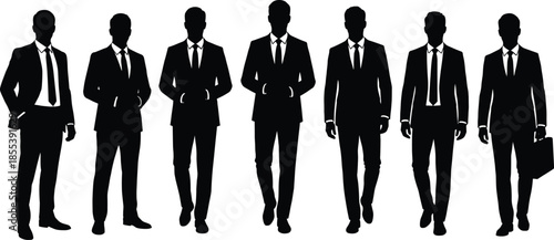 Business men silhouettes walking forward, professional corporate executives in suits, leadership teamwork concept, black vector illustration isolated on white