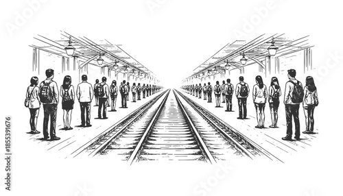 People Waiting at Train Station Platform Looking Down Tracks, Detailed Hand Drawn Sketch Style Vector Illustration for Travel and Public Transport Themes.