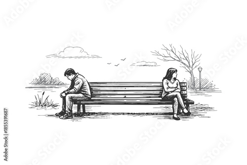 Sad Couple Sitting Far Apart on a Park Bench, Relationship Conflict and Loneliness Theme, Hand Drawn Sketch Black and White Vector Illustration.