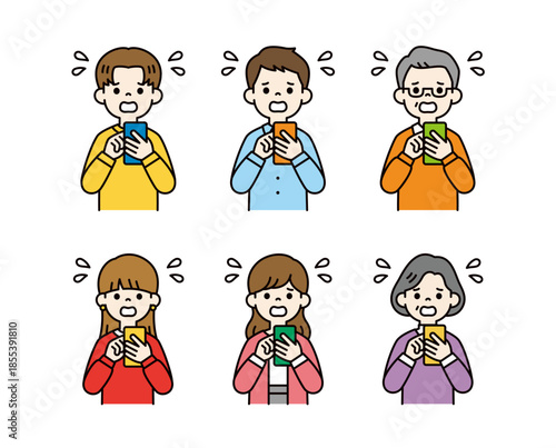 焦った表情でスマートフォンを見る、様々な年齢の人物のベクターイラスト素材セット＿カラー