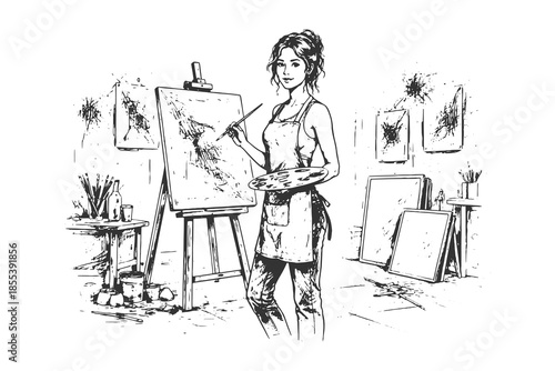 Female Artist Painting on Canvas in Studio Workshop, Detailed Hand Drawn Sketch Style Vector Illustration for Creative Arts, Hobby, and Studio Theme Assets.