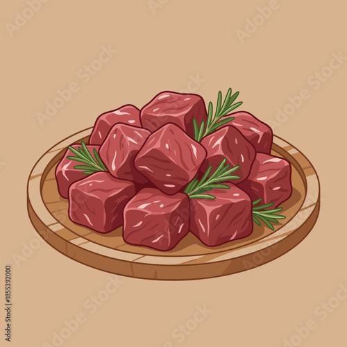 Raw Beef Cubes on a Wooden Plate with Rosemary.