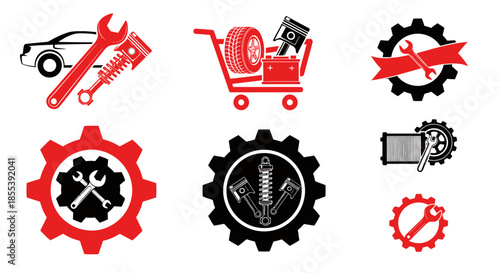 A collection of modern vector icons illustrating automotive repair services, mechanical tools, and car engine parts, ideal for branding.
