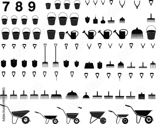 Educational gardening tools puzzle illustration with numbers and icons for pattern recognition, problem solving, logic games, creativity, and cognitive training