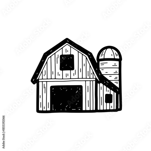 Simple black and white barn illustration.