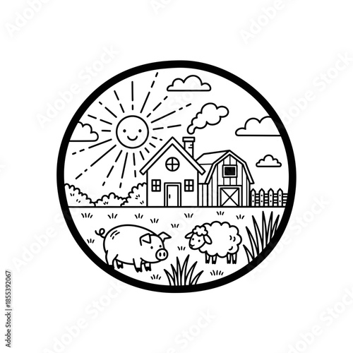 Black and White Farm Animals Illustration.