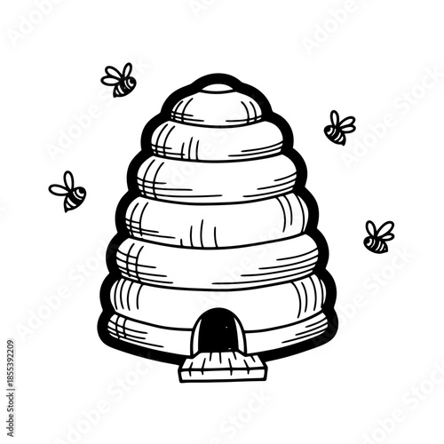 Beehive with Bees Illustration Black White.