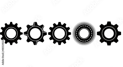 A collection of various stylized black gear vector illustrations, perfect for representing mechanical concepts, industrial design, engineering, and technological advancements, set against a clean
