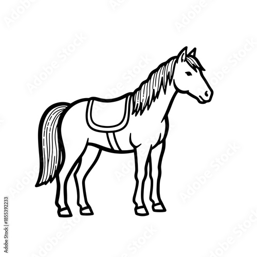 Simple Line Drawing of a Horse with Saddle.