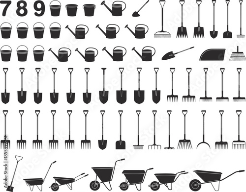 Black silhouette gardening tools illustration with numbers and icons for design reference, pattern recognition, education, inventory, creativity, and training