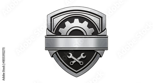 A sleek metallic shield emblem featuring a prominent gear and crossed wrenches, symbolizing robust engineering, quality service, and mechanical protection.